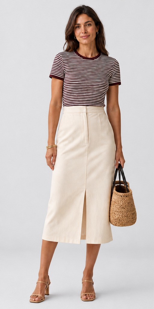 Spain summer styling: striped T-shirt with ivory denim midi skirt, raffia bag and tan sandals