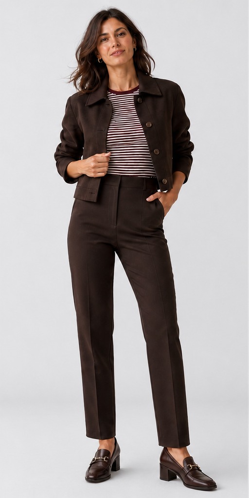 Spain transitional styling: striped T-shirt with cropped chocolate jacket and matching trousers
