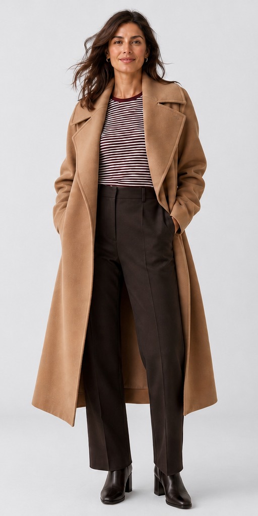 Spain winter styling: striped T-shirt under camel wrap coat with chocolate wide-leg trousers