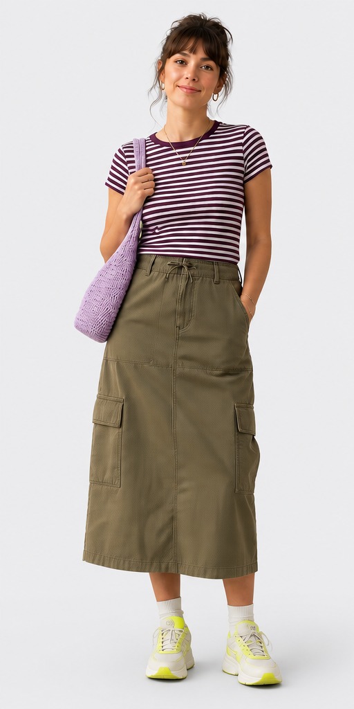UK summer styling: striped T-shirt with olive cargo midi skirt, lilac crochet bag and chunky trainers