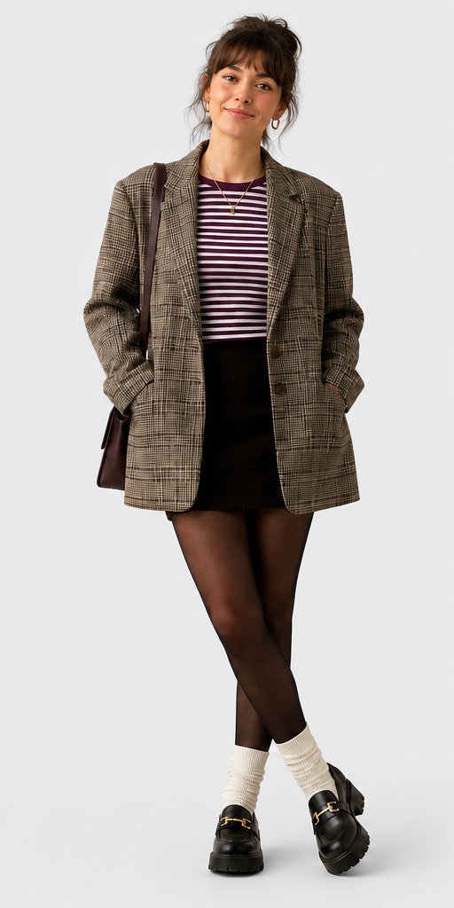 UK transitional styling: striped T-shirt under brown check blazer with corduroy mini skirt and loafers
