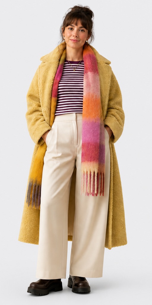UK winter styling: striped T-shirt under chartreuse teddy coat with cream trousers and mohair scarf