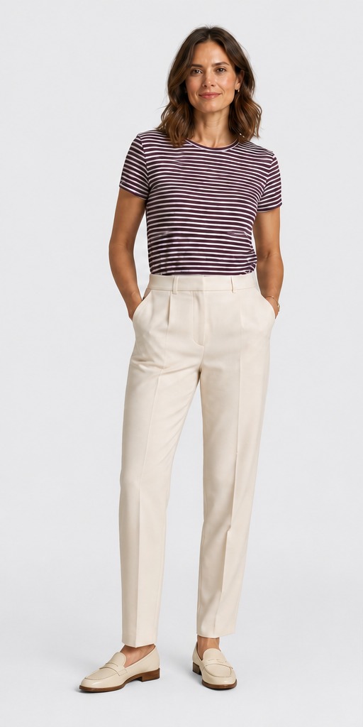 Germany summer styling: striped T-shirt with cream pleated trousers and tonal leather loafers