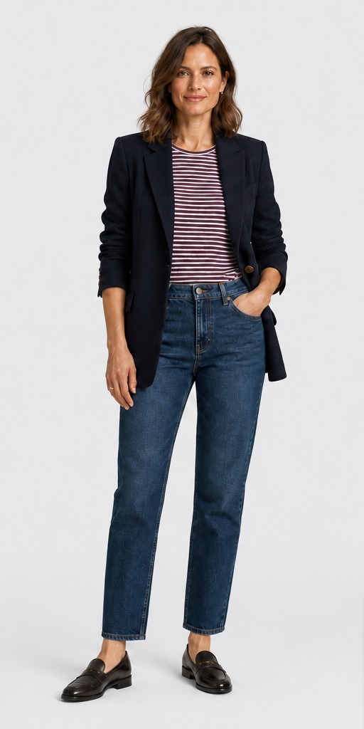 Germany transitional styling: striped T-shirt under navy blazer with straight-leg jeans and loafers