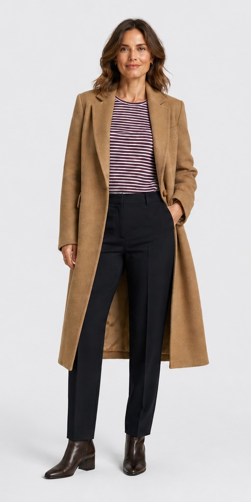 Germany winter styling: striped T-shirt under camel wool overcoat with black trousers and ankle boots